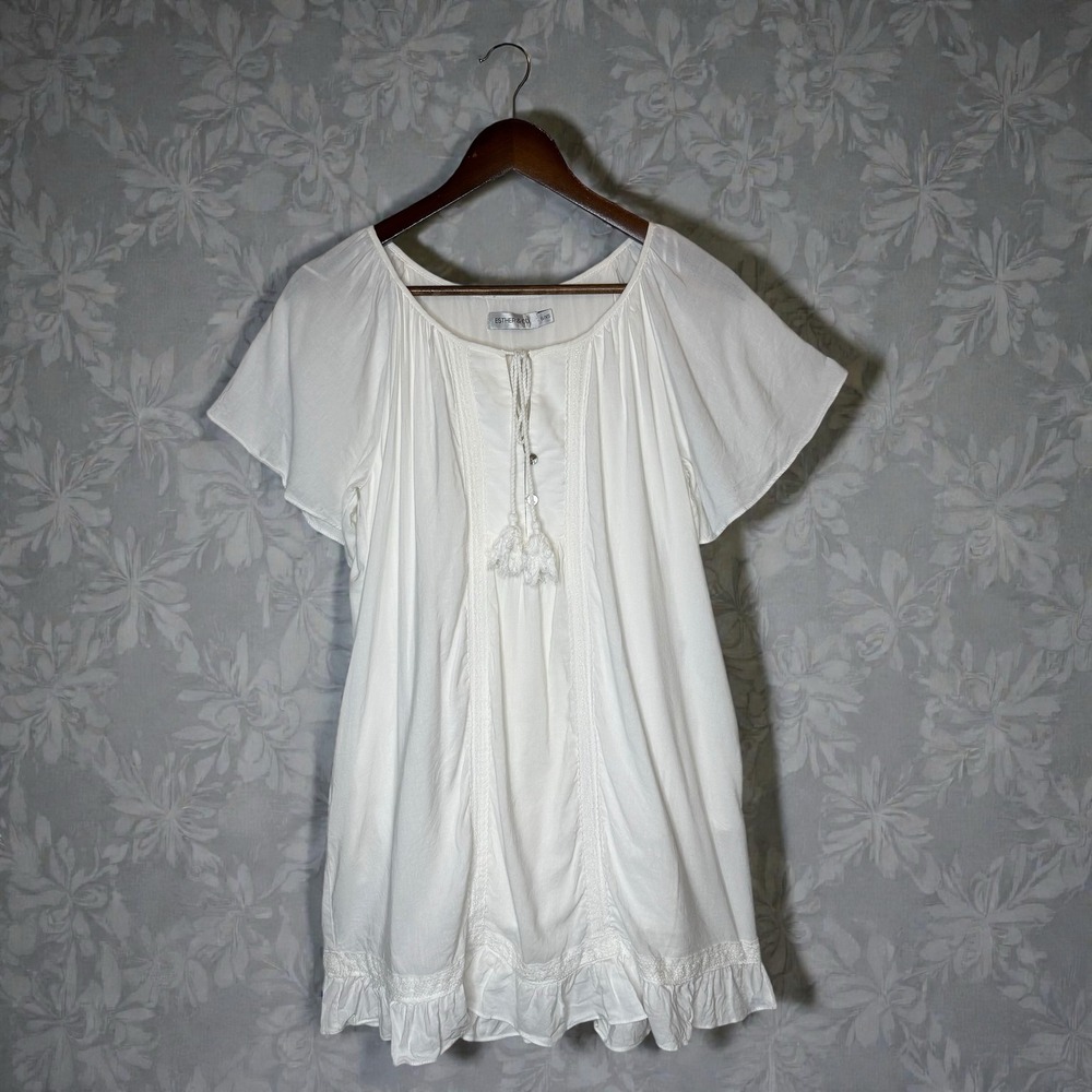 Esther & Co. Cotton A-Line Mini Dress White Boho Flutter Sleeve Ruffle